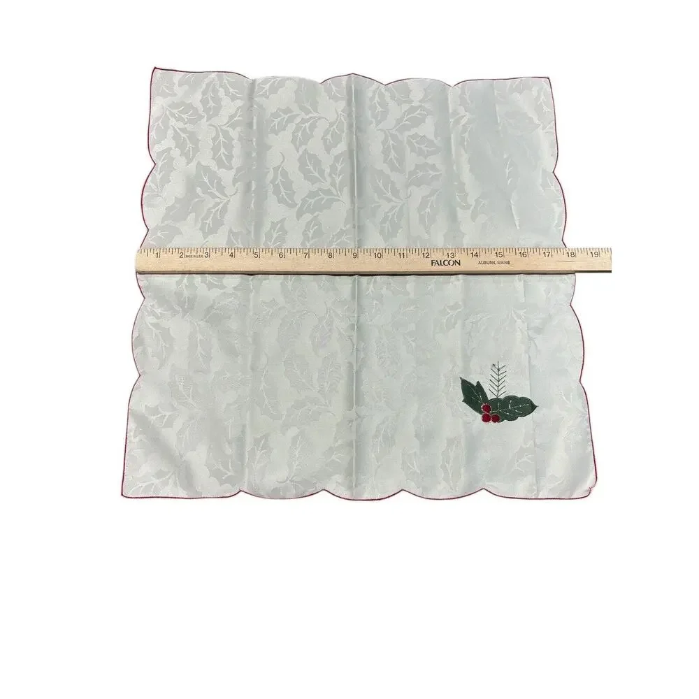 Vintage Christmas Holiday Green Cream Holly Floral Jacquard Table Runner+Napkins